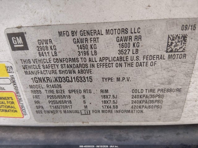 45355320 :رقم المزاد ، 1GNKRHKD3GJ163315 vin ، 2016 Chevrolet Traverse 2lt مزاد بيع