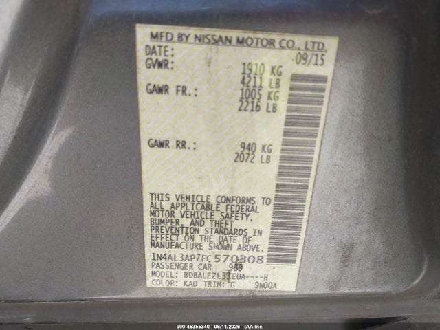 Nissan Altima 2.5 S 2015 1N4AL3AP7FC570308 Image 9