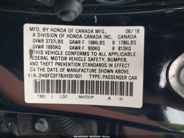 Honda CIVIC EX 2018 2HGFC2F78JH591601 Image 9