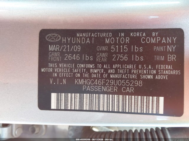 Продаж на аукціоні авто 2009 Hyundai Genesis 4.6, vin: KMHGC46F29U055298, номер лоту: 45355359