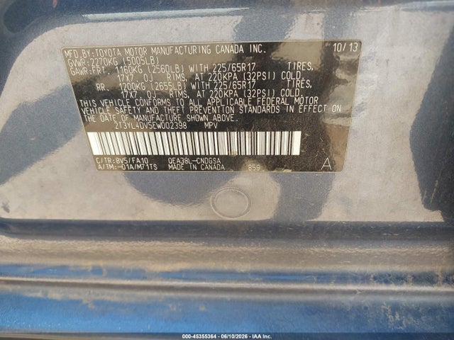 Aukcja sprzedaży 2014 Toyota Rav4 Ev, vin: 2T3YL4DV5EW002398, numer aukcji: 45355364