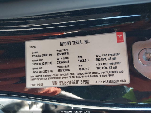 Продажа на аукционе авто 2018 Tesla Model 3 Long Range/performance, vin: 5YJ3E1EB9JF181987, номер лота: 45355411