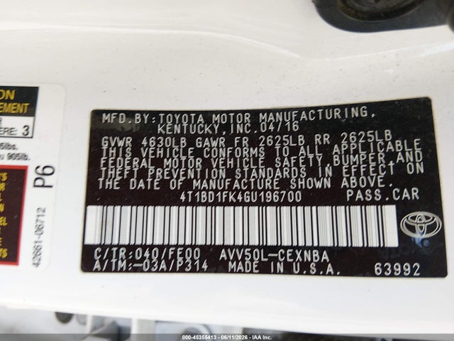 4T1BD1FK4GU196700 Toyota Camry Hybrid Le