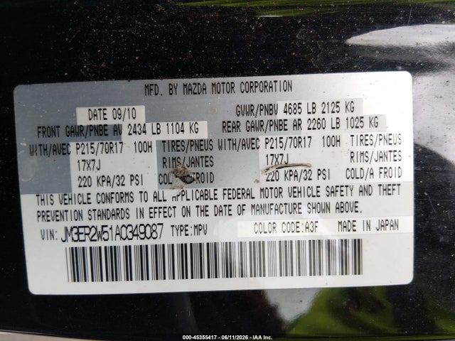Aukcja sprzedaży 2010 Mazda Cx-7 I Sport, vin: JM3ER2W51A0349087, numer aukcji: 45355417