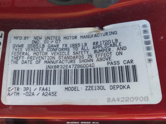 2007 Toyota Corolla Ce მანქანა იყიდება აუქციონზე, vin: 1NXBR32E47Z860040, აუქციონის ნომერი: 45355433