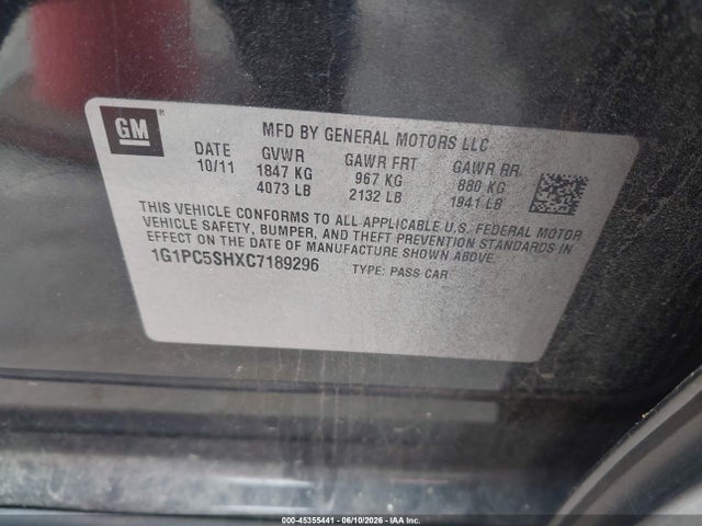 Продажа на аукционе авто 2012 Chevrolet Cruze Ls, vin: 1G1PC5SHXC7189296, номер лота: 45355441