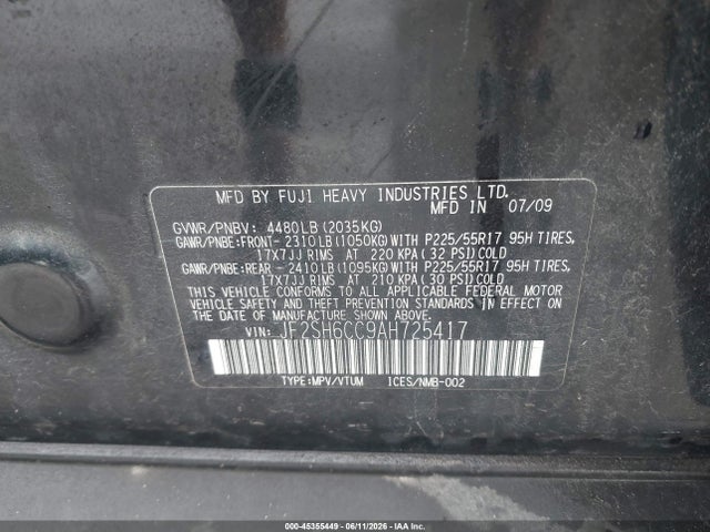 Aukcja sprzedaży 2010 Subaru Forester 2.5x Premium, vin: JF2SH6CC9AH725417, numer aukcji: 45355449
