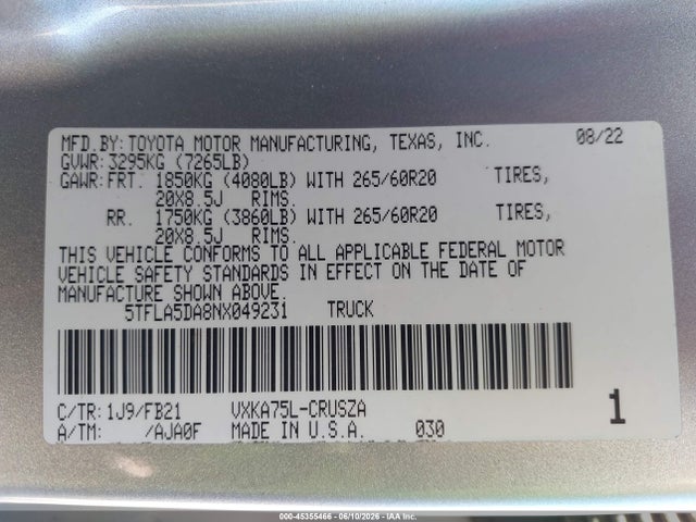 Toyota Tundra Sr5 2022 5TFLA5DA8NX049231 Image 9