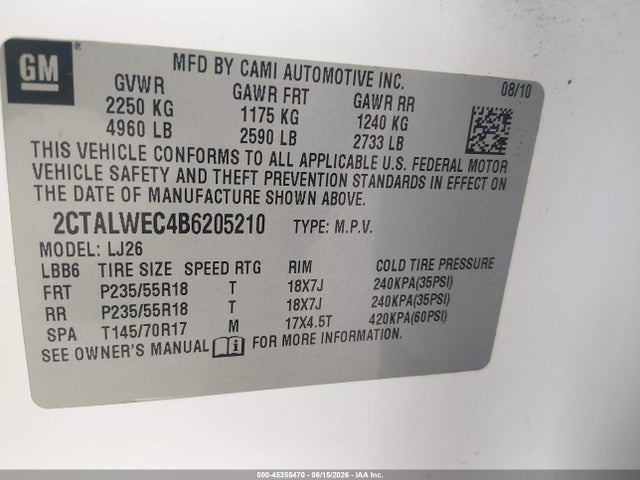 Aukcja sprzedaży 2011 Gmc Terrain Slt-2, vin: 2CTALWEC4B6205210, numer aukcji: 45355470