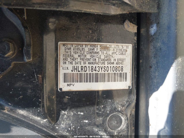 Продажа на аукционе авто 2000 Honda Cr-v Lx, vin: JHLRD1843YS010808, номер лота: 45355476