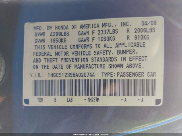 Продажа на аукционе авто 2008 Honda Accord 2.4 Lx-s, vin: 1HGCS12398A020744, номер лота: 45355480