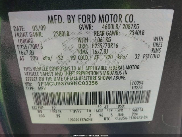 Aukcja sprzedaży 2009 Ford Escape Xlt, vin: 1FMCU93769KC03356, numer aukcji: 45355481