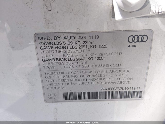 45355489 :رقم المزاد ، WA1EECF37L1041941 vin ، 2020 Audi Q3 Premium Plus 45 Tfsi S Line Quattro Tiptronic مزاد بيع