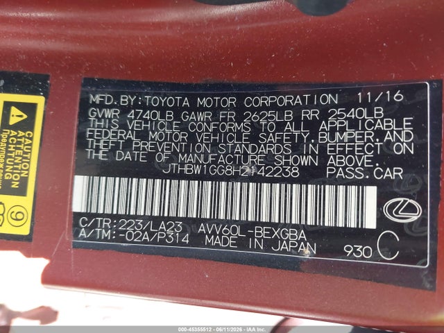 Aukcja sprzedaży 2017 Lexus Es 300h, vin: JTHBW1GG8H2142238, numer aukcji: 45355512