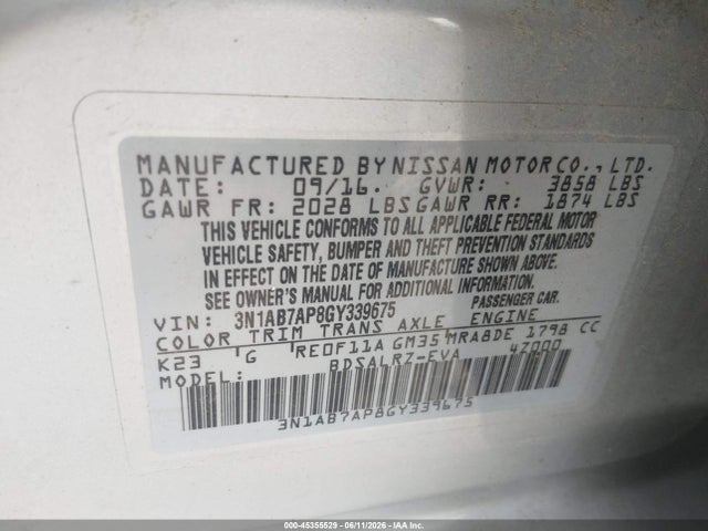 Aukcja sprzedaży 2016 Nissan Sentra Sr, vin: 3N1AB7AP8GY339675, numer aukcji: 45355529