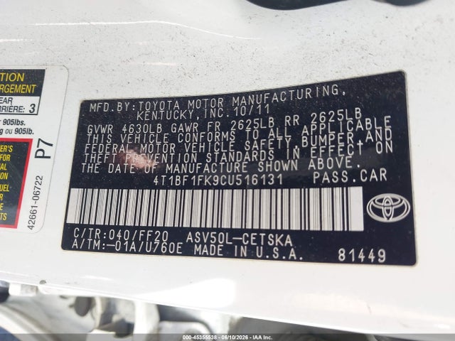 2012 Toyota Camry Se მანქანა იყიდება აუქციონზე, vin: 4T1BF1FK9CU516131, აუქციონის ნომერი: 45355538