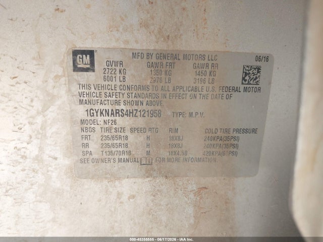 Продаж на аукціоні авто 2017 Cadillac Xt5 Standard, vin: 1GYKNARS4HZ121958, номер лоту: 45355555