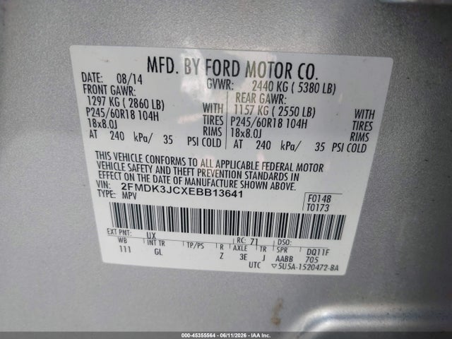 45355564 :رقم المزاد ، 2FMDK3JCXEBB13641 vin ، 2014 Ford Edge Sel مزاد بيع
