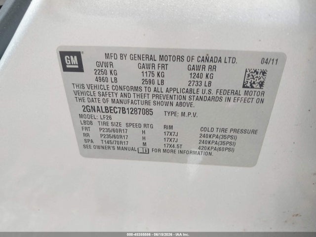 45355586 :رقم المزاد ، 2GNALBEC7B1287085 vin ، 2011 Chevrolet Equinox Ls مزاد بيع