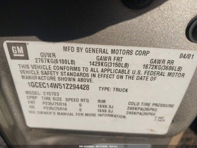 45355592 :رقم المزاد ، 1GCEC14W51Z294428 vin ، 2001 Chevrolet Silverado 1500 مزاد بيع