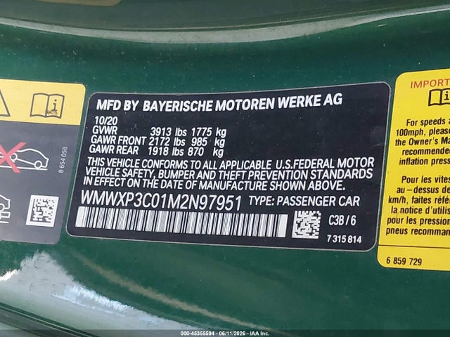 Aukcja sprzedaży 2021 Mini Se Hardtop Cooper, vin: WMWXP3C01M2N97951, numer aukcji: 45355594