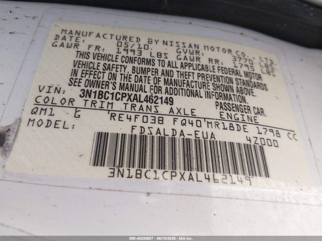45355607 :رقم المزاد ، 3N1BC1CPXAL462149 vin ، 2010 Nissan Versa 1.8s مزاد بيع