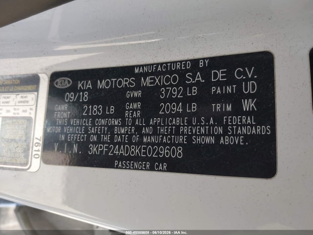 2019 Kia Forte Lxs მანქანა იყიდება აუქციონზე, vin: 3KPF24AD8KE029608, აუქციონის ნომერი: 45355608