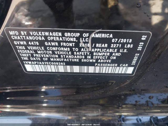 2014 Volkswagen Passat 2.5l Wolfsburg Edition მანქანა იყიდება აუქციონზე, vin: 1VWAP7A37EC008262, აუქციონის ნომერი: 45355617