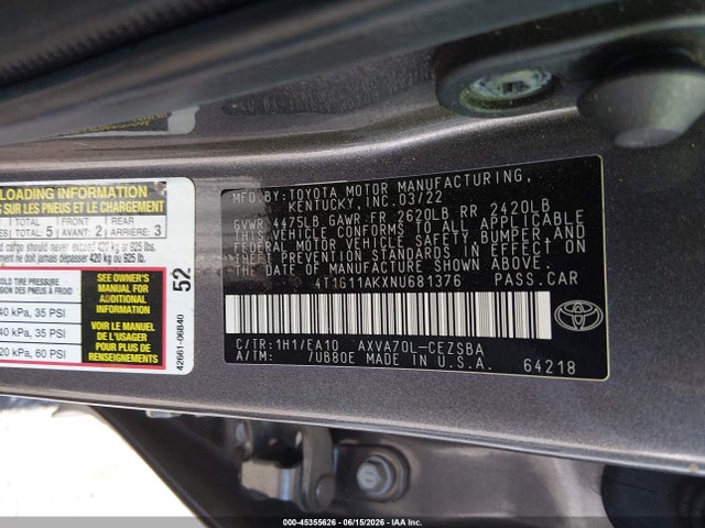 Toyota CAMRY SE 2022 4T1G11AKXNU681376 Image 9