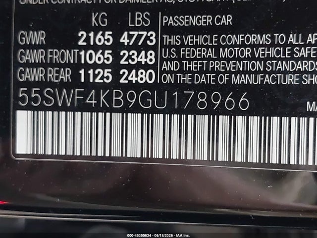 Aukcja sprzedaży 2016 Mercedes-benz C 300 4matic, vin: 55SWF4KB9GU178966, numer aukcji: 45355634