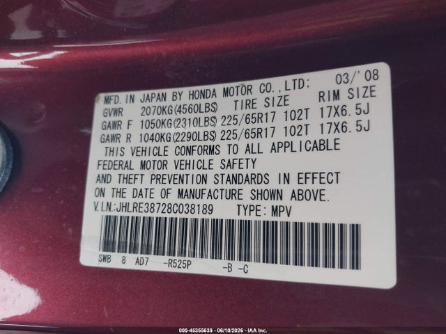 Продажа на аукционе авто 2008 Honda Cr-v Ex-l, vin: JHLRE38728C038189, номер лота: 45355639