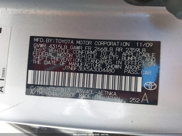 Aukcja sprzedaży 2010 Toyota Camry Le, vin: JTNBF3EK5A3004480, numer aukcji: 45355640