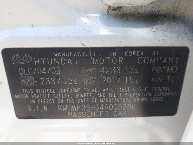 Aukcja sprzedaży 2004 Hyundai Sonata Gls/lx, vin: KMHWF35H64A005286, numer aukcji: 45355683