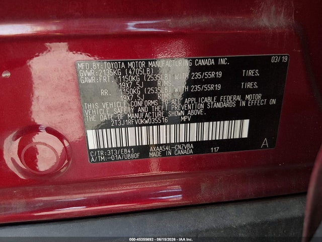 45355692 :رقم المزاد ، 2T3J1RFV0KW035516 vin ، 2019 Toyota Rav4 Adventure مزاد بيع