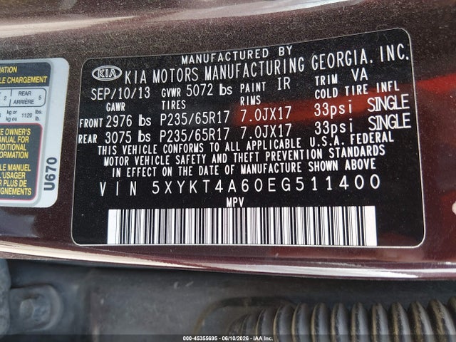 Aukcja sprzedaży 2014 Kia Sorento Lx, vin: 5XYKT4A60EG511400, numer aukcji: 45355695