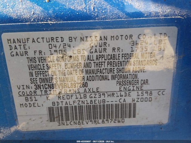 Aukcja sprzedaży 2024 Nissan Versa 1.6 Sv, vin: 3N1CN8EV9RL897260, numer aukcji: 45355697