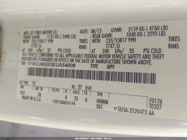 45355707 :رقم المزاد ، 1FMCU9GX3EUA54008 vin ، 2014 Ford Escape Se مزاد بيع