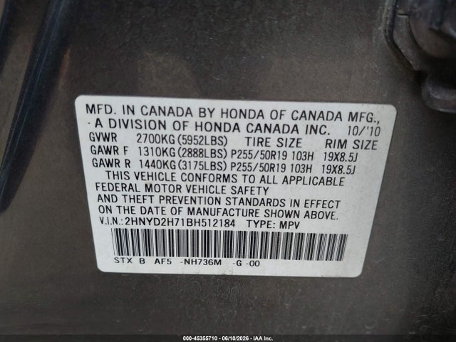 45355710 :رقم المزاد ، 2HNYD2H71BH512184 vin ، 2011 Acura Mdx Advance Package مزاد بيع