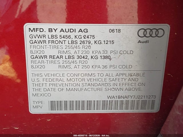 2018 Audi Q5 2.0t Premium/2.0t Tech Premium მანქანა იყიდება აუქციონზე, vin: WA1BNAFY7J2211273, აუქციონის ნომერი: 45355715