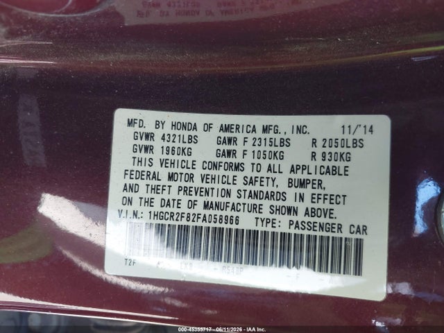 1HGCR2F82FA058966 Honda Accord Ex-l