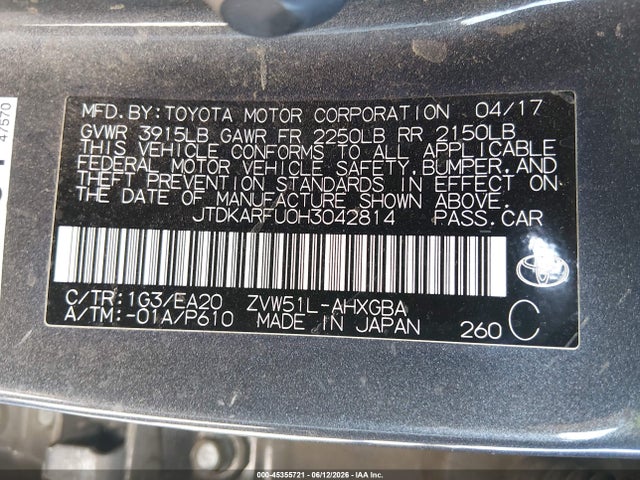 2017 Toyota Prius Four მანქანა იყიდება აუქციონზე, vin: JTDKARFU0H3042814, აუქციონის ნომერი: 45355721