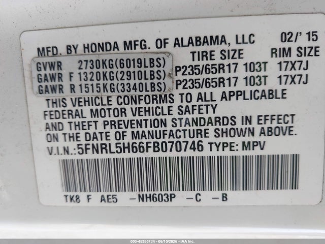 Продажа на аукционе авто 2015 Honda Odyssey Ex-l, vin: 5FNRL5H66FB070746, номер лота: 45355734