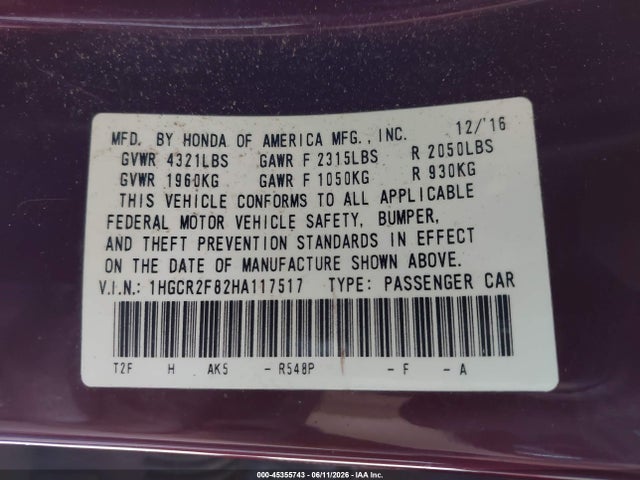 1HGCR2F82HA117517 Honda Accord Ex-l