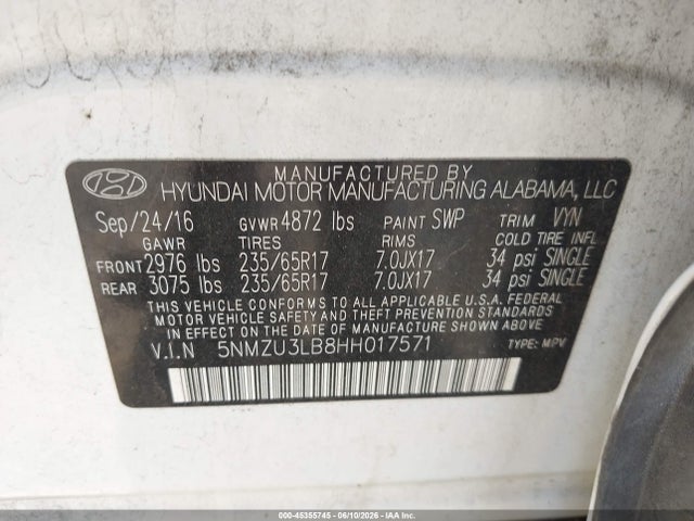45355745 :رقم المزاد ، 5NMZU3LB8HH017571 vin ، 2017 Hyundai Santa Fe Sport 2.4l مزاد بيع