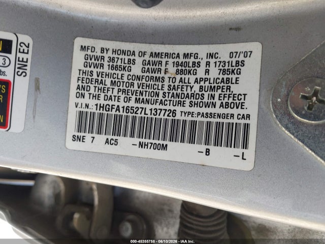 Aukcja sprzedaży 2007 Honda Civic Lx, vin: 1HGFA16527L137726, numer aukcji: 45355758