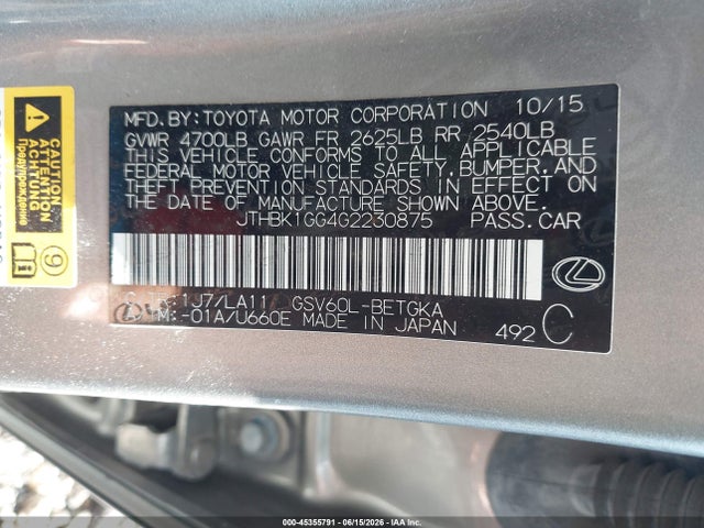 2016 Lexus Es 350 მანქანა იყიდება აუქციონზე, vin: JTHBK1GG4G2230875, აუქციონის ნომერი: 45355791