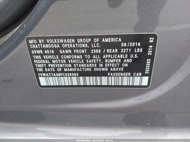 Aukcja sprzedaży 2015 Volkswagen Passat 1.8t Wolfsburg Edition, vin: 1VWAT7A38FC026363, numer aukcji: 45355805