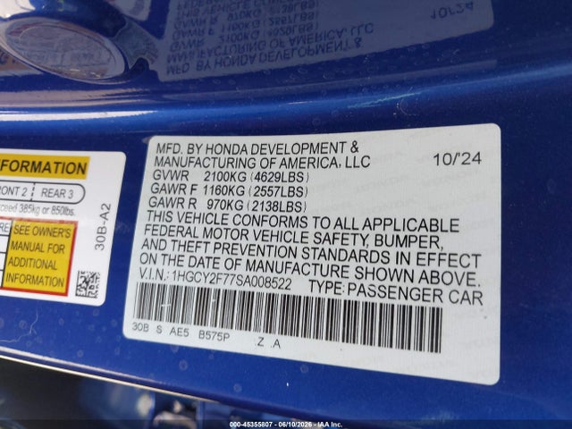 2025 Honda Accord Hybrid Sport-l მანქანა იყიდება აუქციონზე, vin: 1HGCY2F77SA008522, აუქციონის ნომერი: 45355807