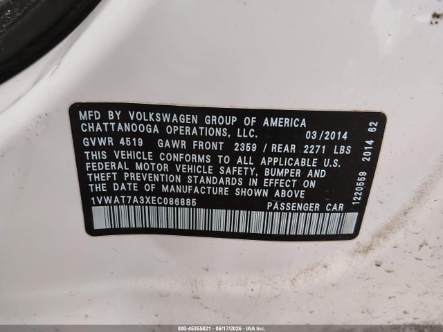 2014 Volkswagen Passat 1.8t Wolfsburg Edition მანქანა იყიდება აუქციონზე, vin: 1VWAT7A3XEC086885, აუქციონის ნომერი: 45355821