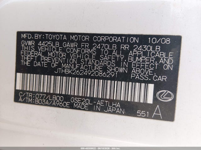 Aukcja sprzedaży 2009 Lexus Is 250, vin: JTHBK262492086291, numer aukcji: 45355822